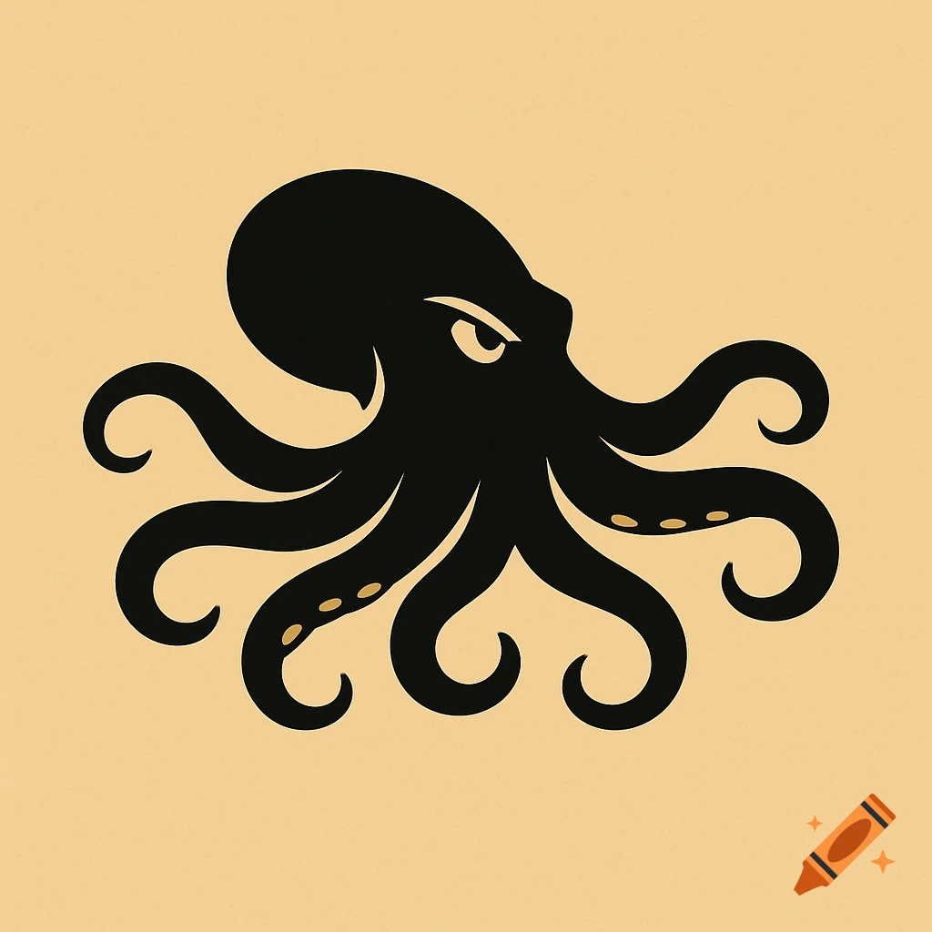 A black flat logo illustration of a determined octopus on a yellow background.