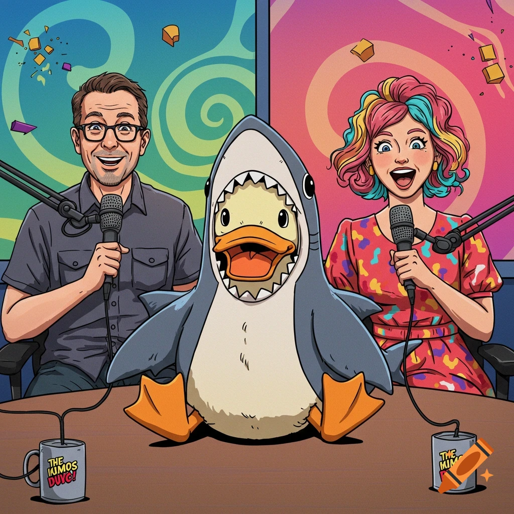 Illustration of a man and a woman hosting a podcast with a duck in a shark costume.