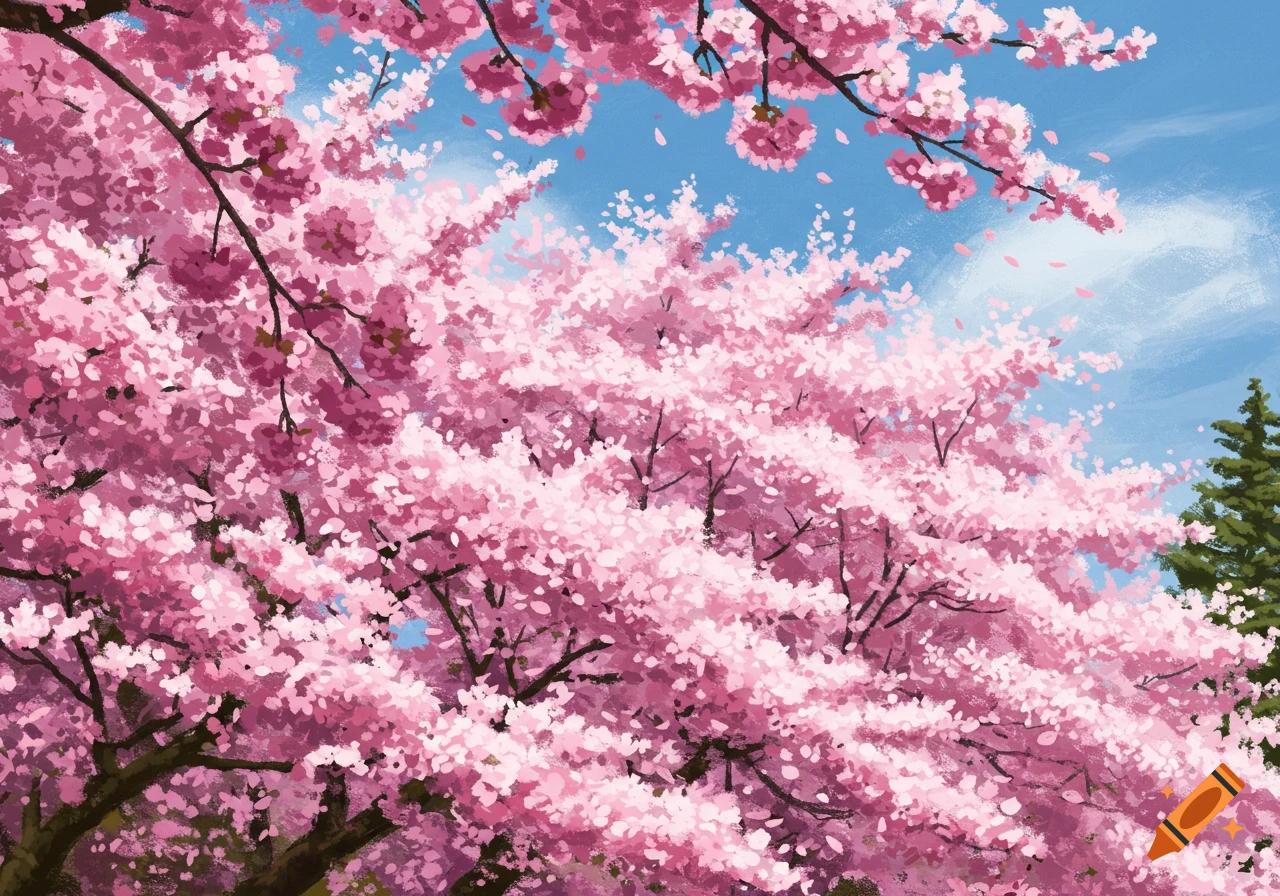 A close-up view of vibrant pink cherry blossom branches against a blue sky.