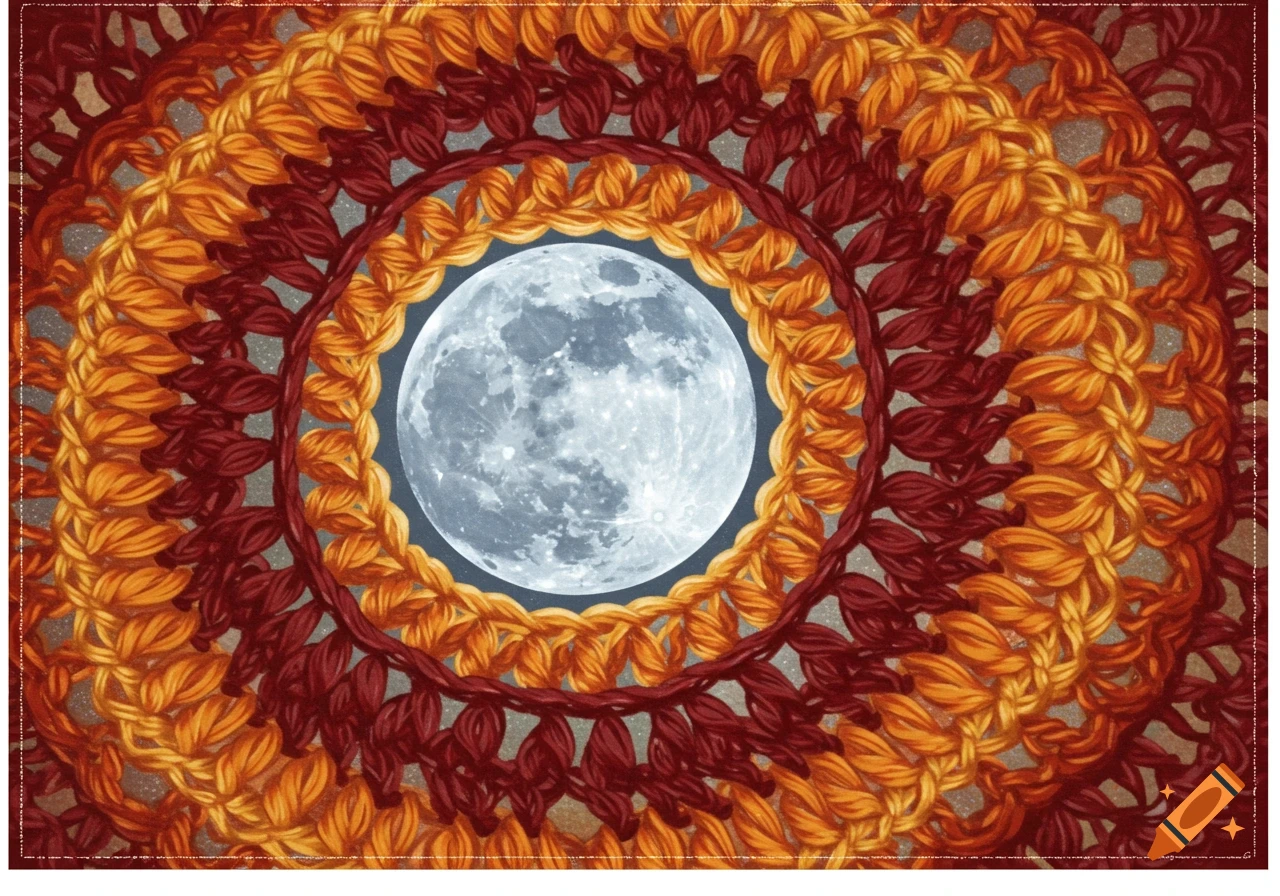 A full moon centered within concentric rings of red and orange crochet patterns.