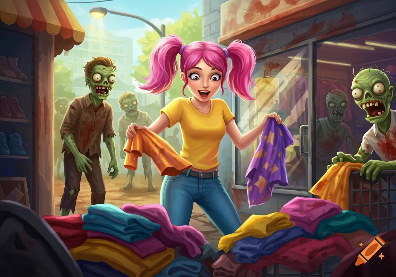 Illustrated scene of a girl happily shopping for clothes while stylized zombies mill around in a cartoonish apocalypse.