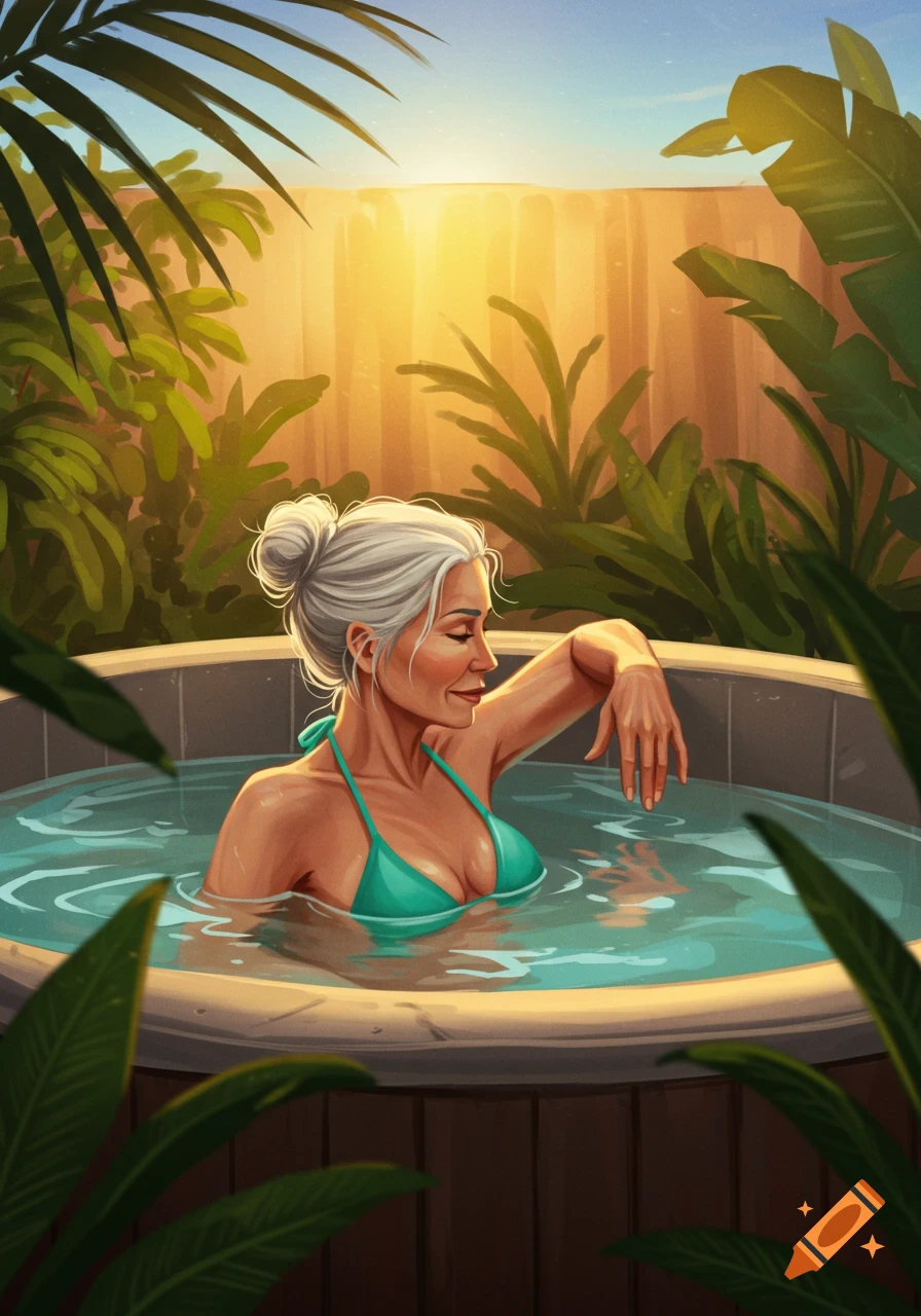 Illustration of an older woman in a bikini in a hot tub surrounded by tropical plants at sunset.