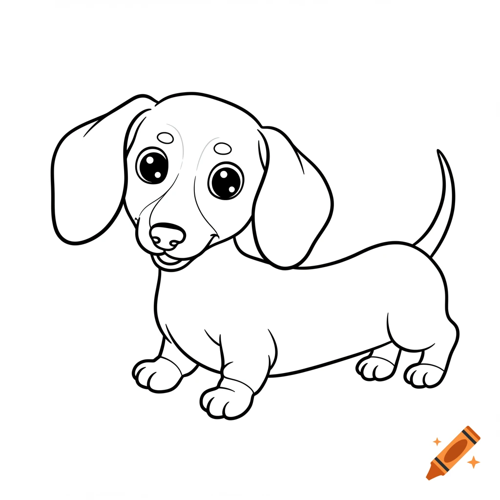 Line drawing of a cute cartoon dachshund standing