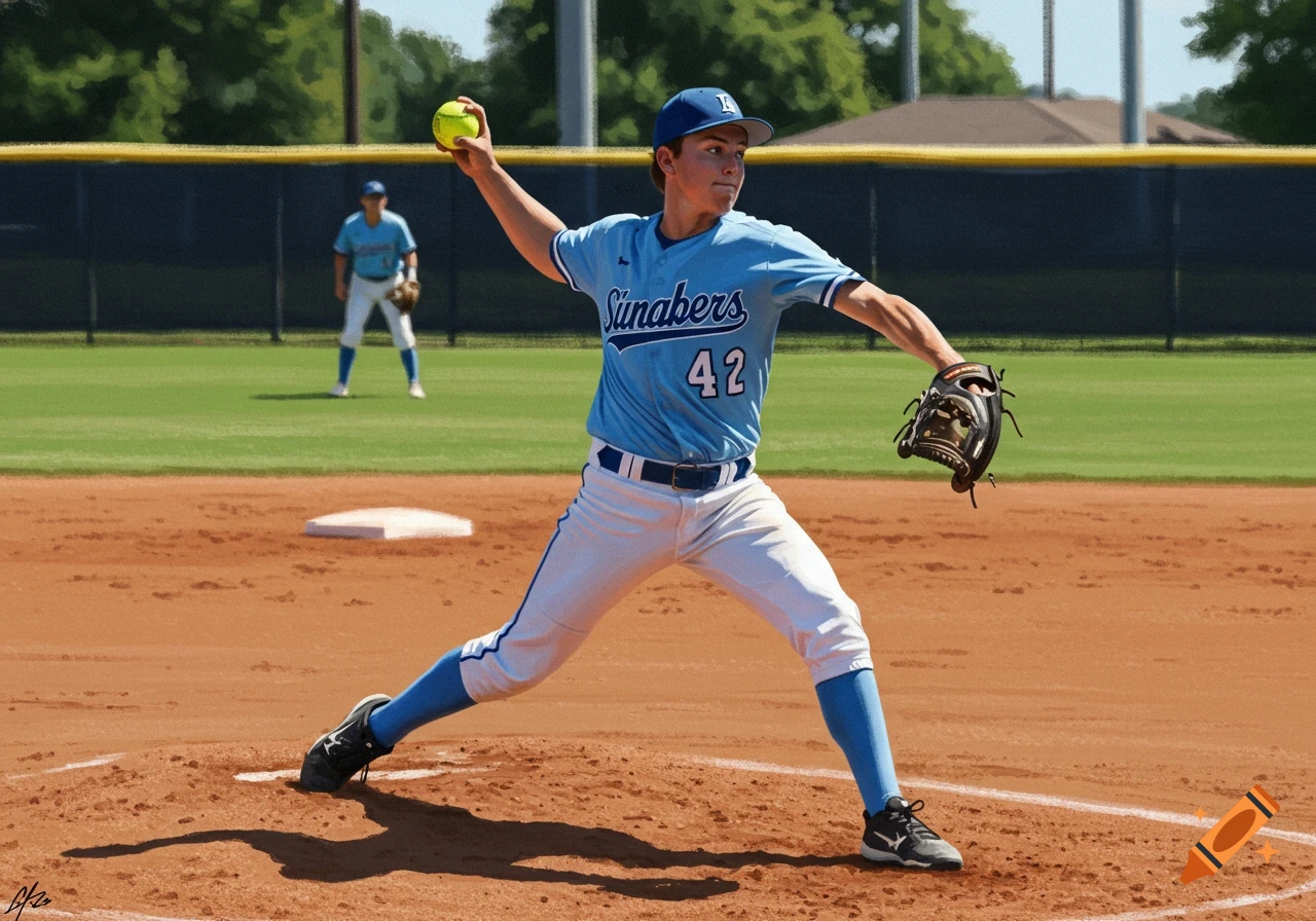 A young man pitches a softball in a game, digital painting style.