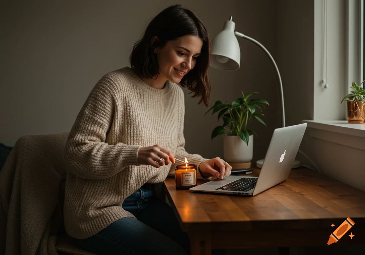 Woman lighting a candle at a desk with a laptop in a cozy, naturally lit workspace.