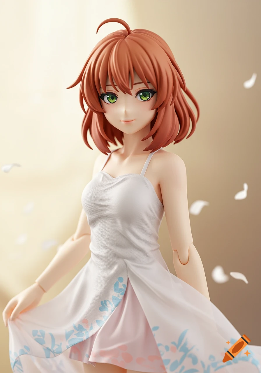 Anime figure of a girl in a white dress with petals falling around her