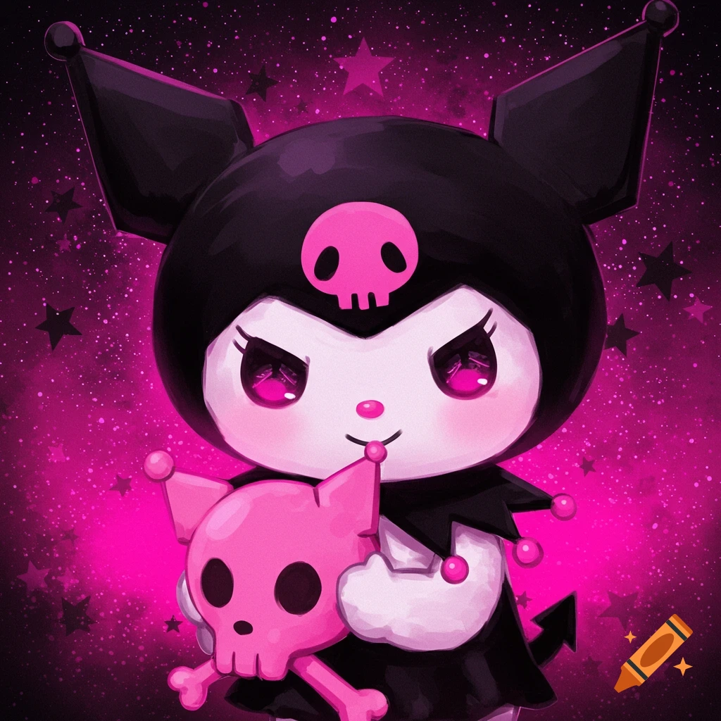 Stylized illustration of Kuromi holding a pink skull toy against a dark background with pink stars.