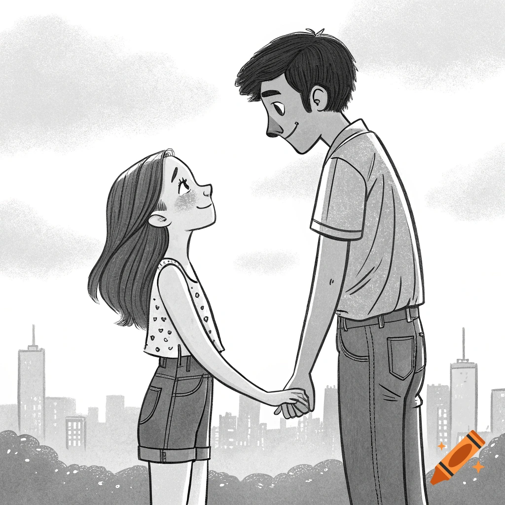 Black and white illustration of a young man and girl holding hands in front of a city skyline.