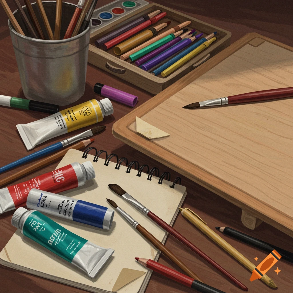A close-up view of various art supplies including paint tubes, brushes, pencils, and a sketchbook on a wooden surface.