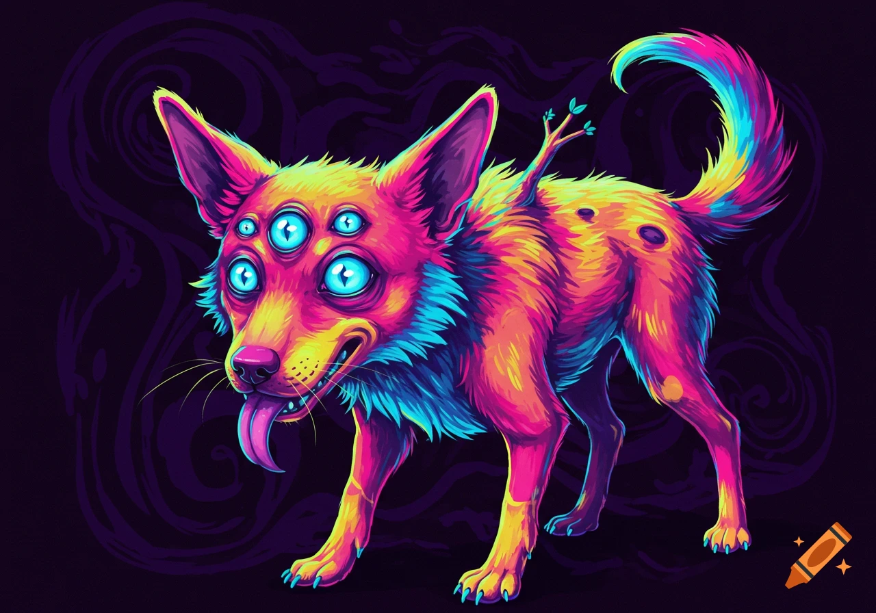 Colorful illustration of a mutated dog with multiple eyes and a branch