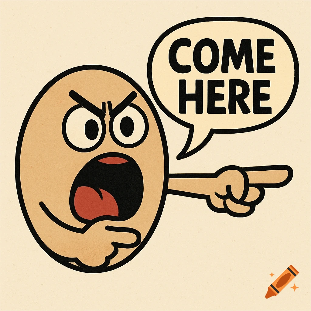 A cartoon oval face points with a speech bubble saying "COME HERE".