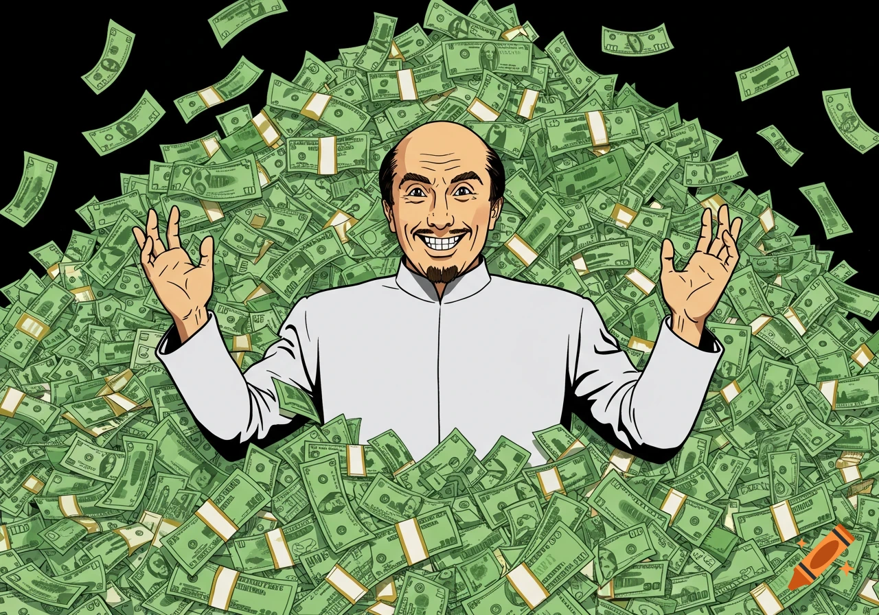 Illustration of a man resembling Dr. Evil surrounded by a large pile of money.
