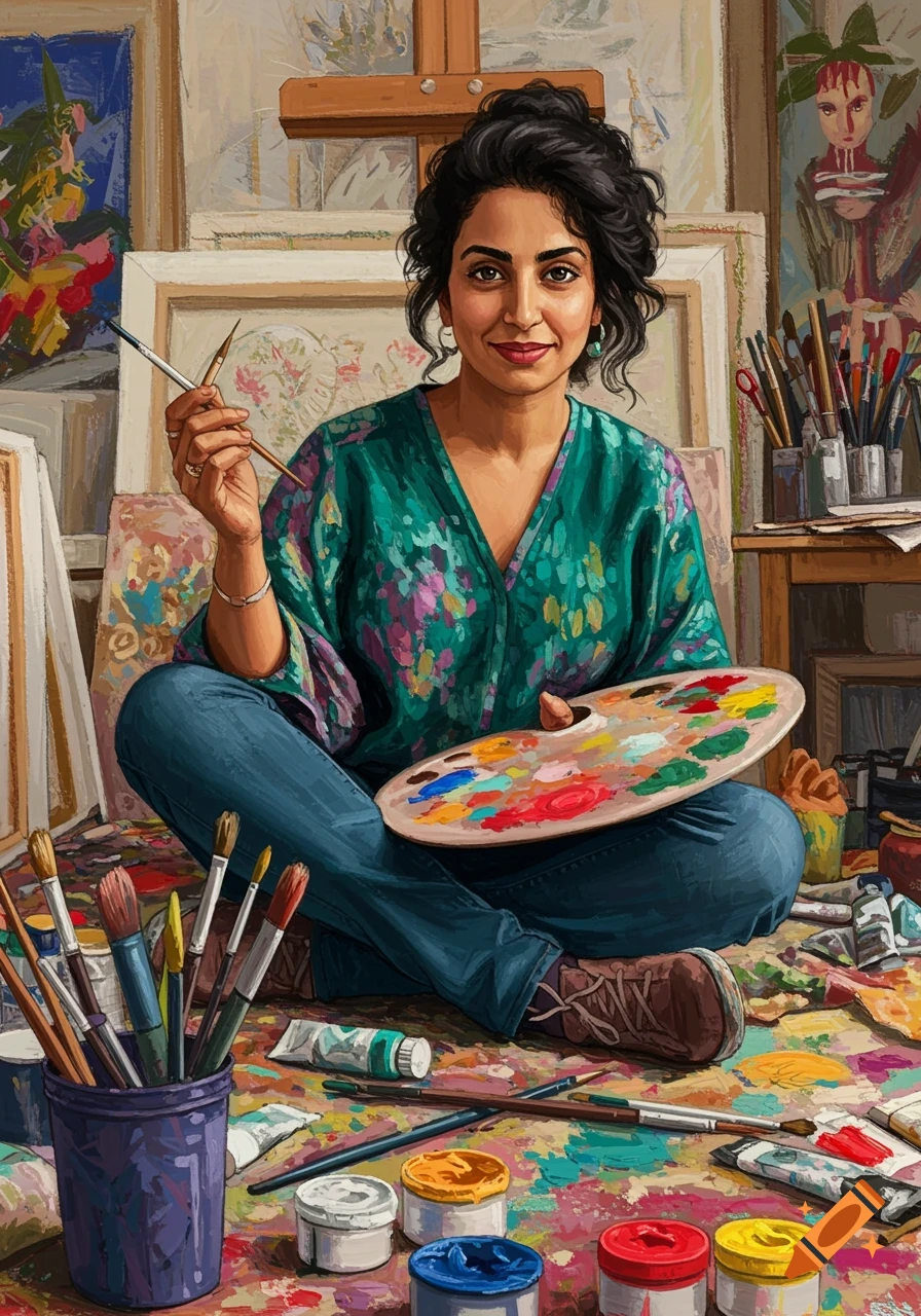 Painterly portrait of a woman artist sitting on the floor surrounded by art supplies, holding brushes and a palette.