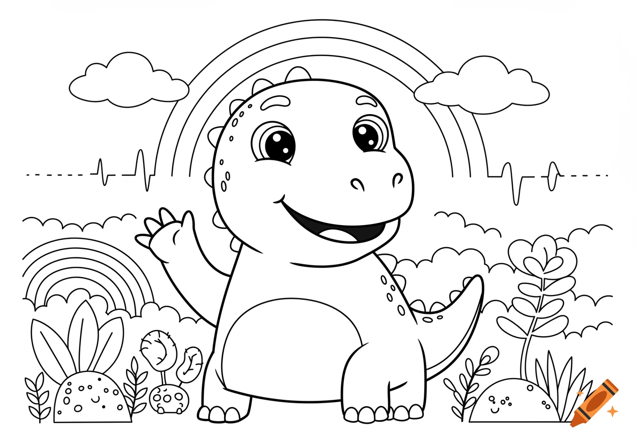 Black and white line art coloring page of a happy cartoon dinosaur waving, with a rainbow and clouds in the background.