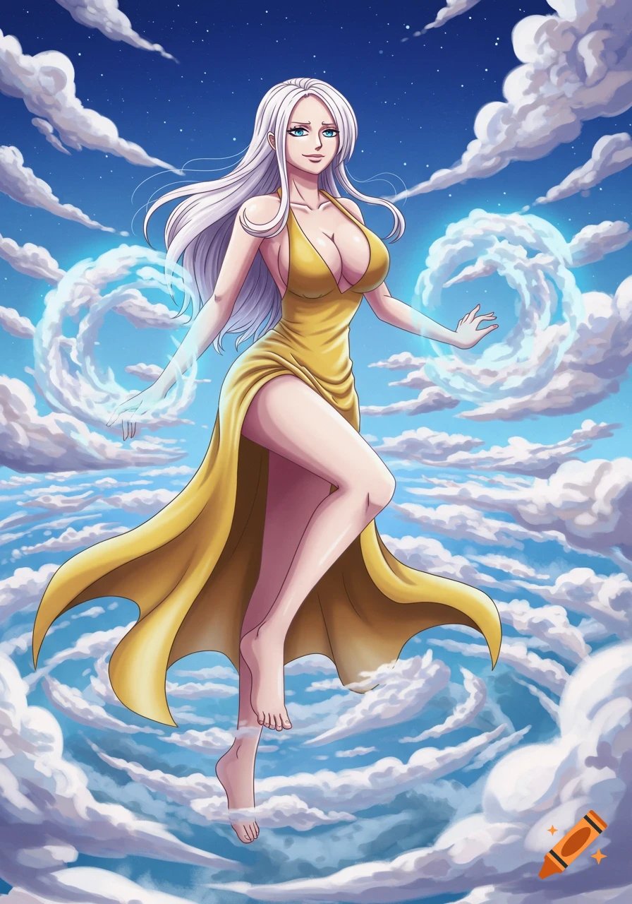 An anime-style illustration of a woman with white hair and a gold dress floating among clouds.