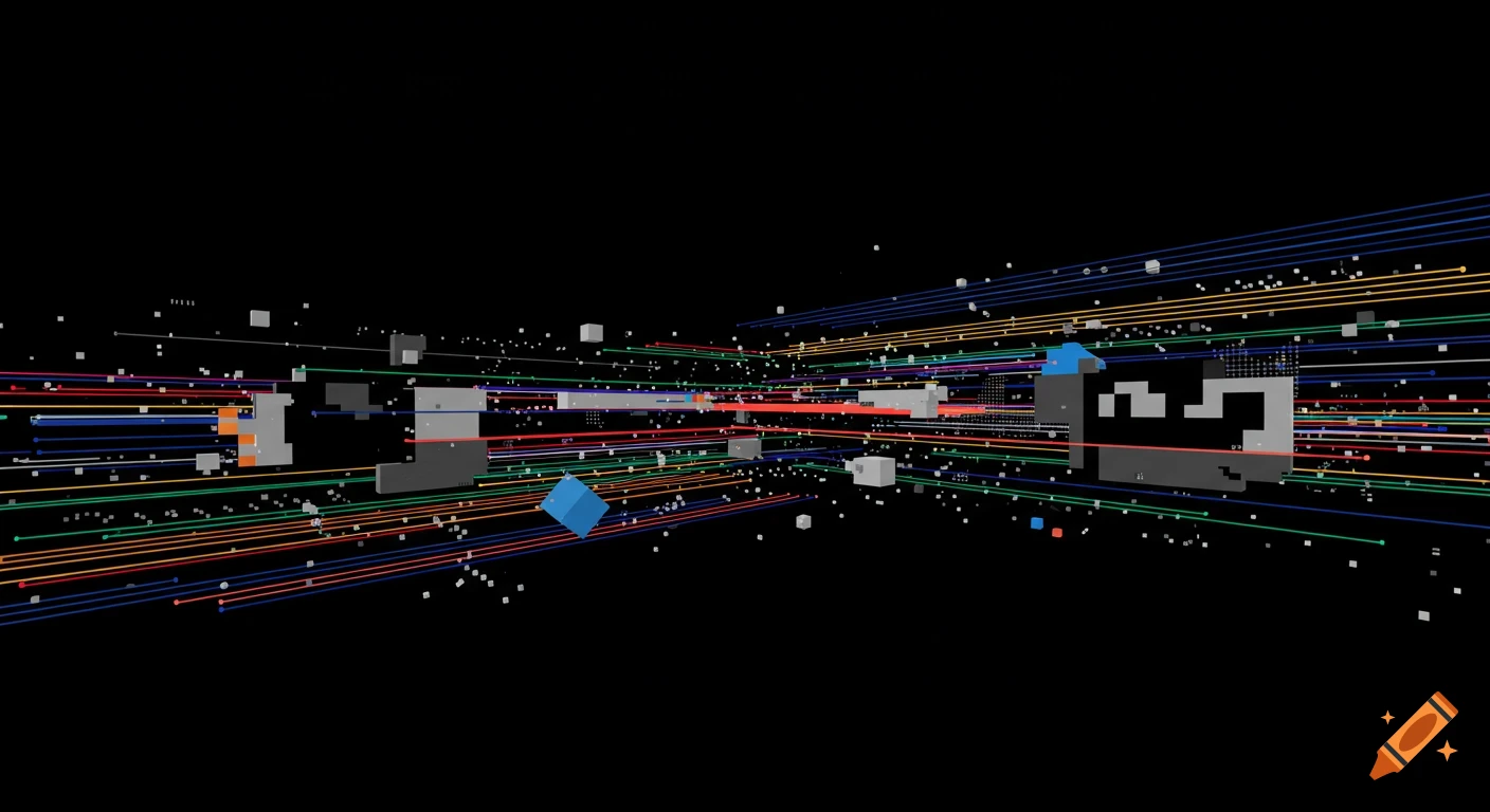 Abstract retro digital art with colored lines, cubes, and pixels receding into a black background.
