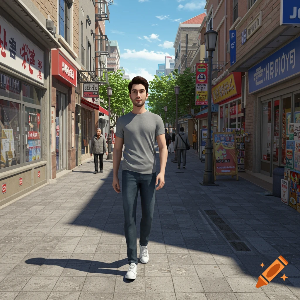 A man walks down a city street in 3D rendering style