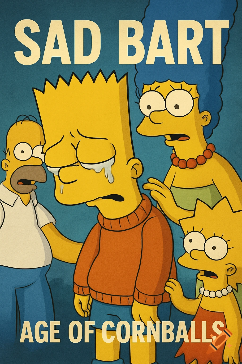 Sad Bart movie poster with Bart crying as Homer, Marge, and Lisa comfort him.