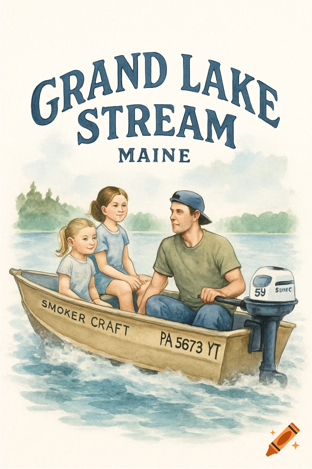 Watercolor illustration of a father and two daughters in a boat on a lake with text "Grand Lake Stream Maine".