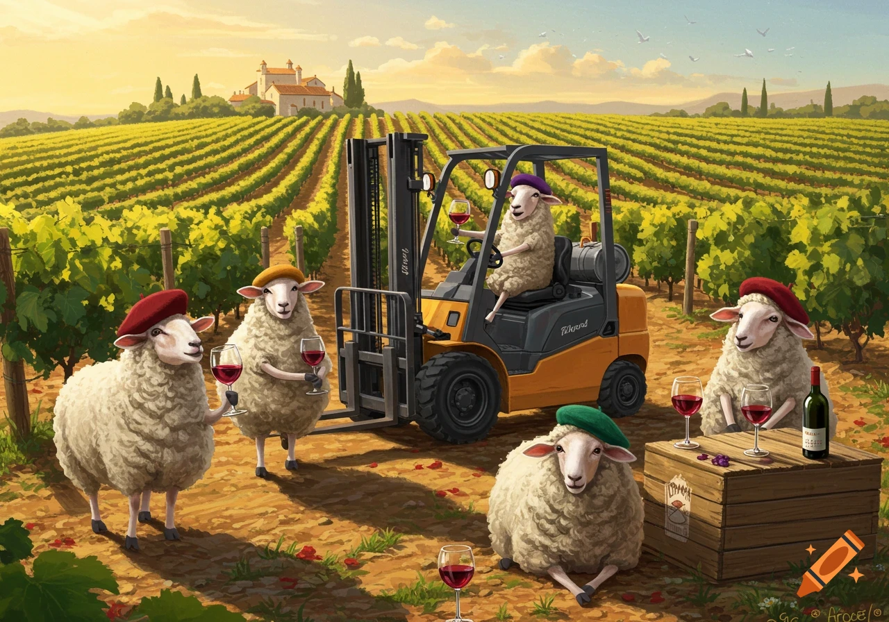 Sheep wearing berets drink wine and drive a forklift in a vineyard.