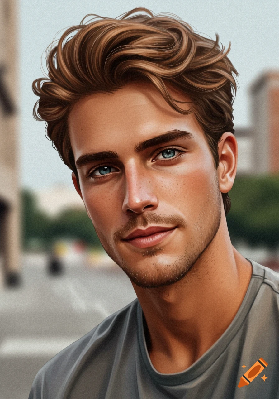 Close-up portrait of a young man with brown wavy hair, blue eyes, and slight beard, outdoors.