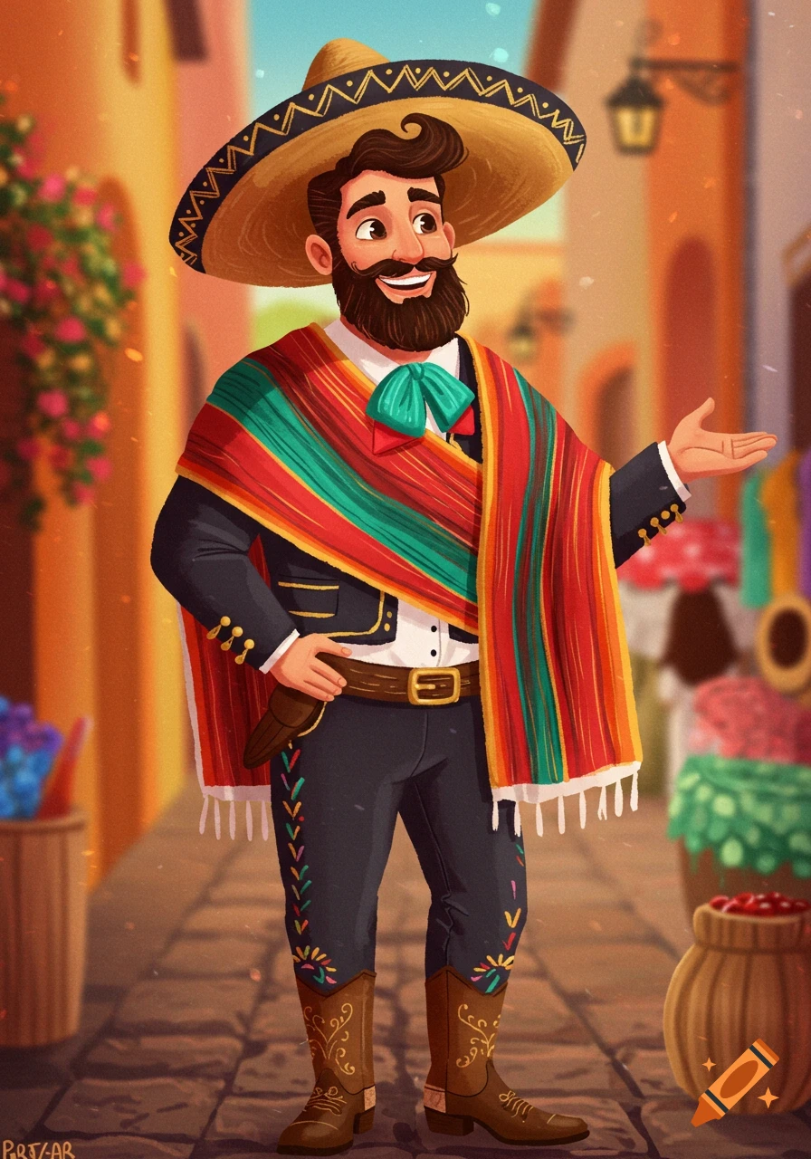 A cartoon illustration of a man with a beard wearing a sombrero, a striped poncho, and a charro suit, standing in a street.
