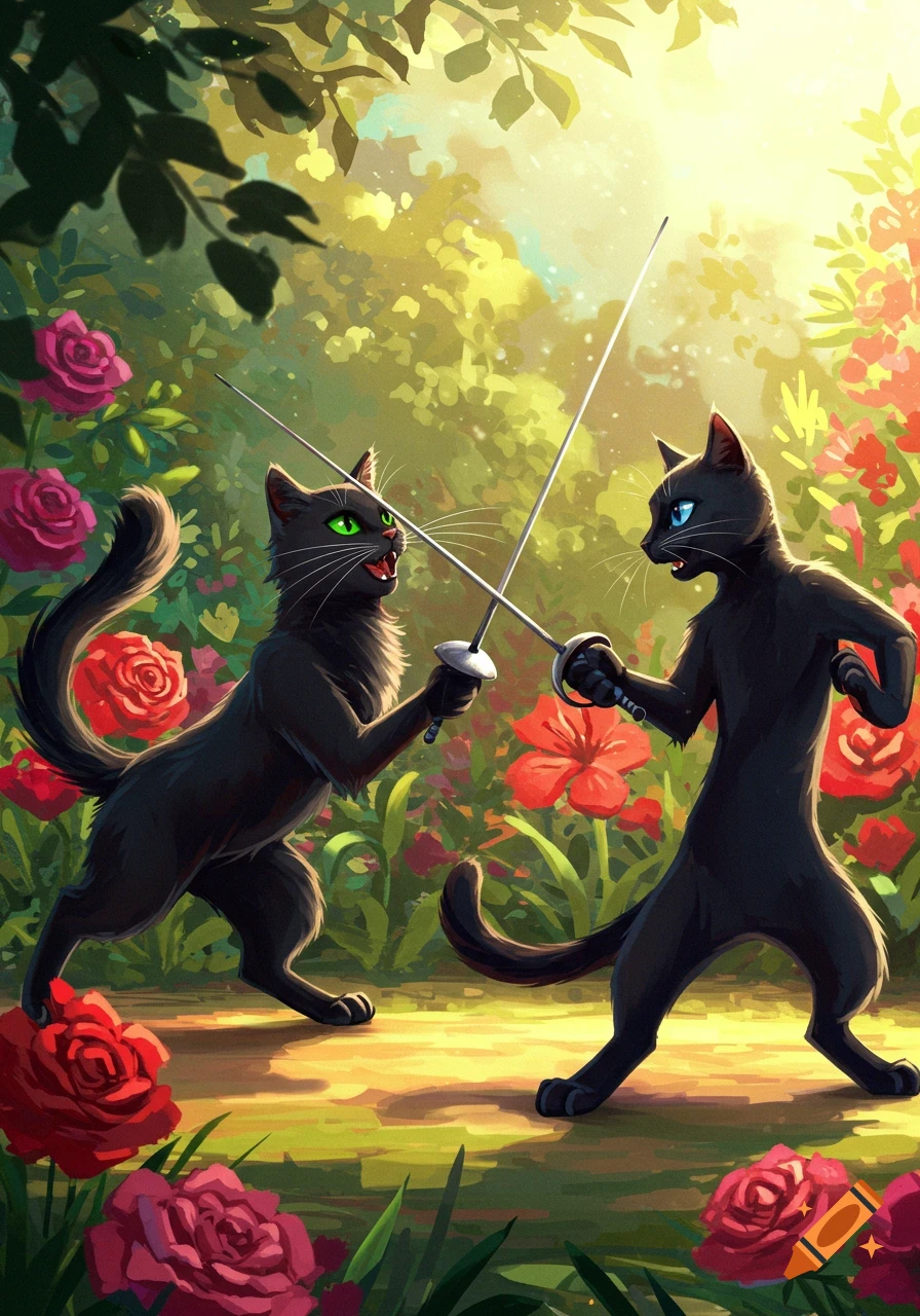 Two black cats duel with rapiers in a lush rose garden illustration.