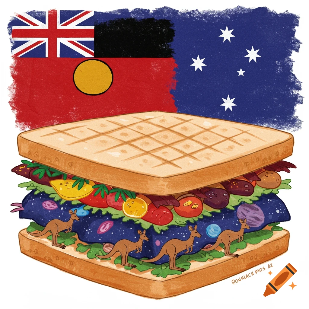 A cartoony illustration of a sandwich with layers representing the Union Jack/Australian flag, the Aboriginal flag, space, and kangaroos.