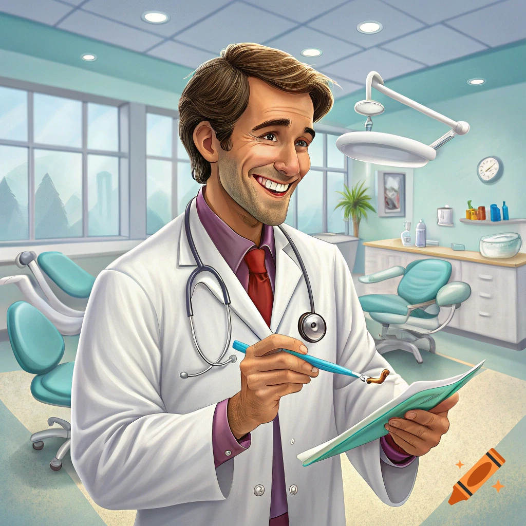 Cartoon illustration of a smiling dentist in a clinic.