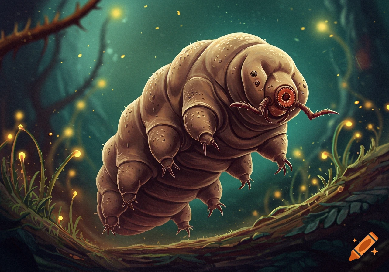 An epic, detailed illustration of a tardigrade floating in a bioluminescent forest.