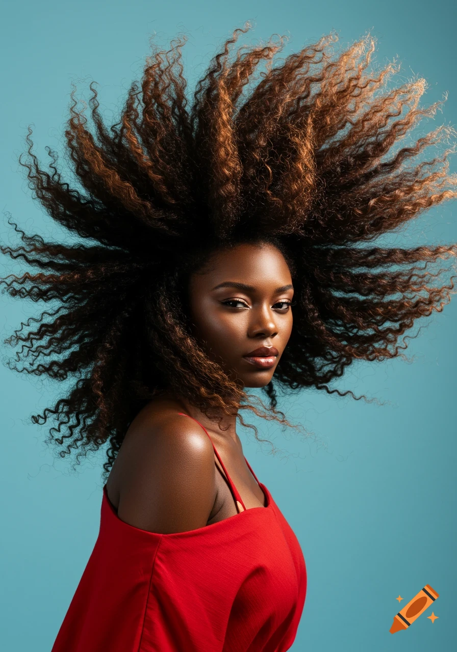 Portrait of a dark-skinned woman with large, curly hair in a red top against a blue background.