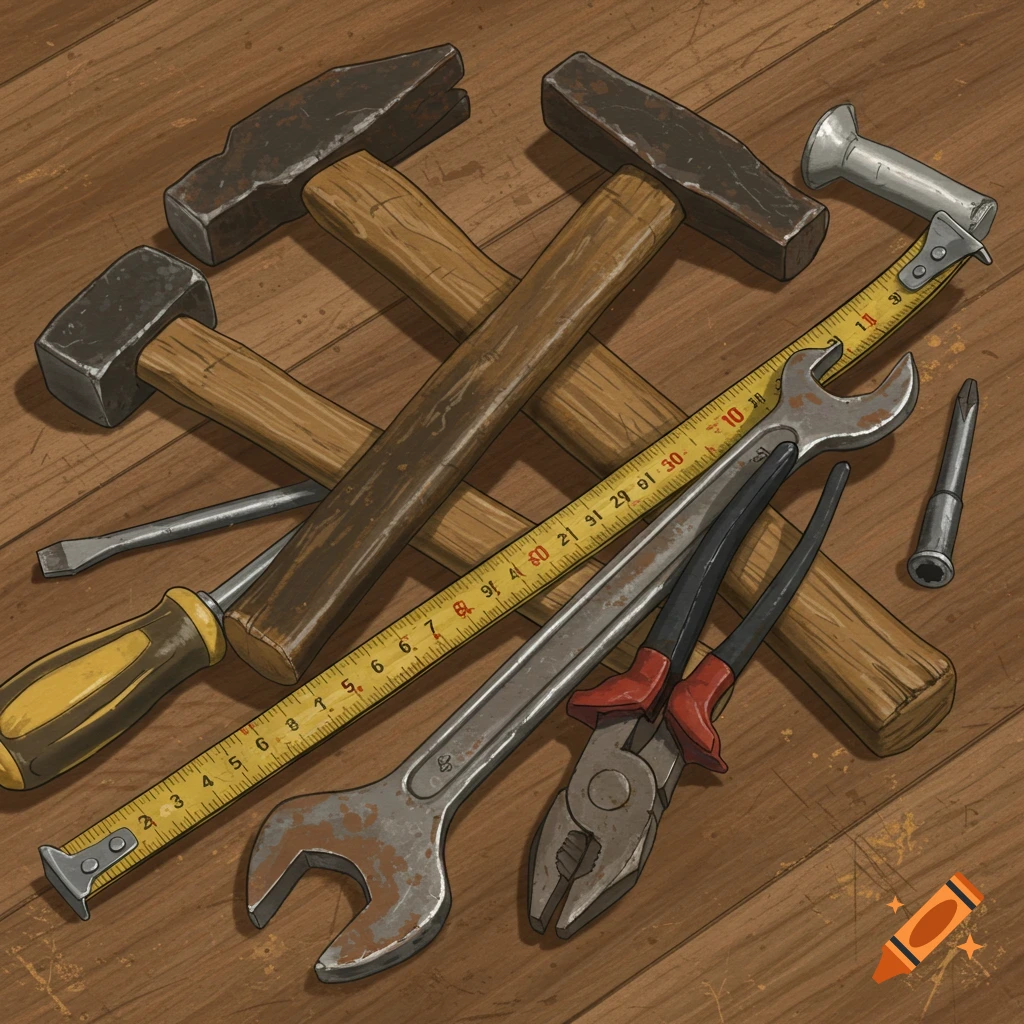 A collection of hammers, a wrench, pliers, and a tape measure arranged on a wooden surface.