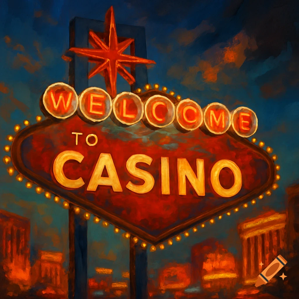 Vintage welcome sign for a casino, painterly style