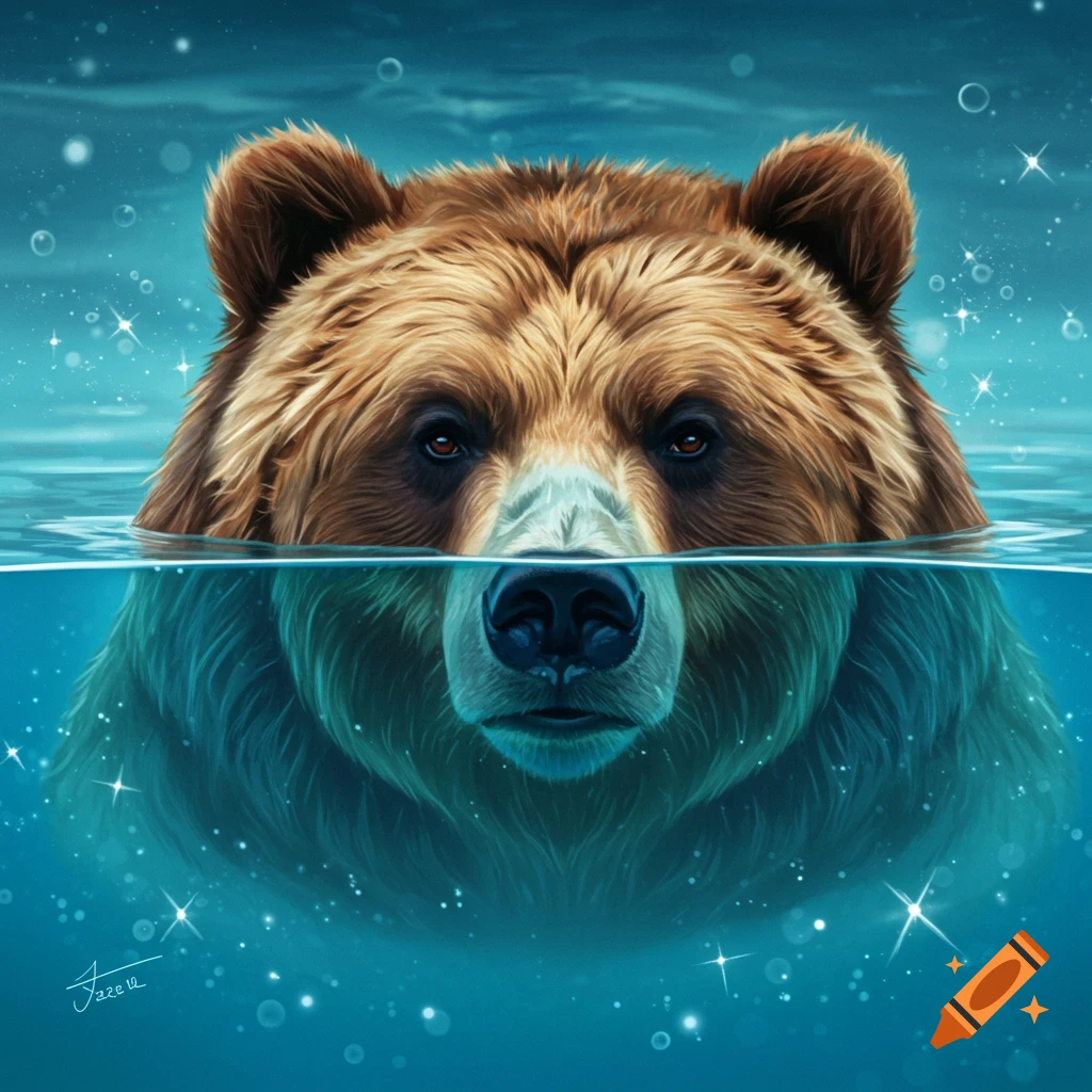 Close-up of a brown bear's head partially submerged in sparkling blue water.