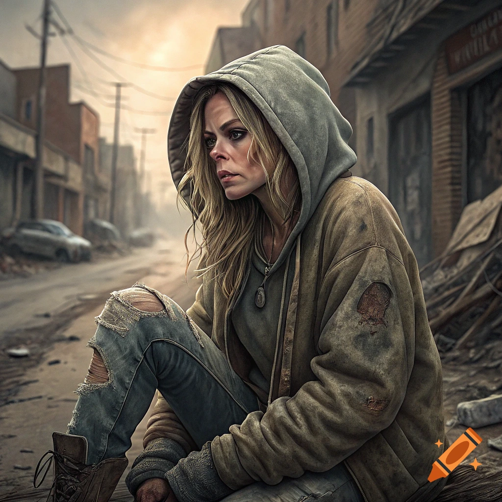 Woman in ripped clothes and hood sits in a ruined urban street.
