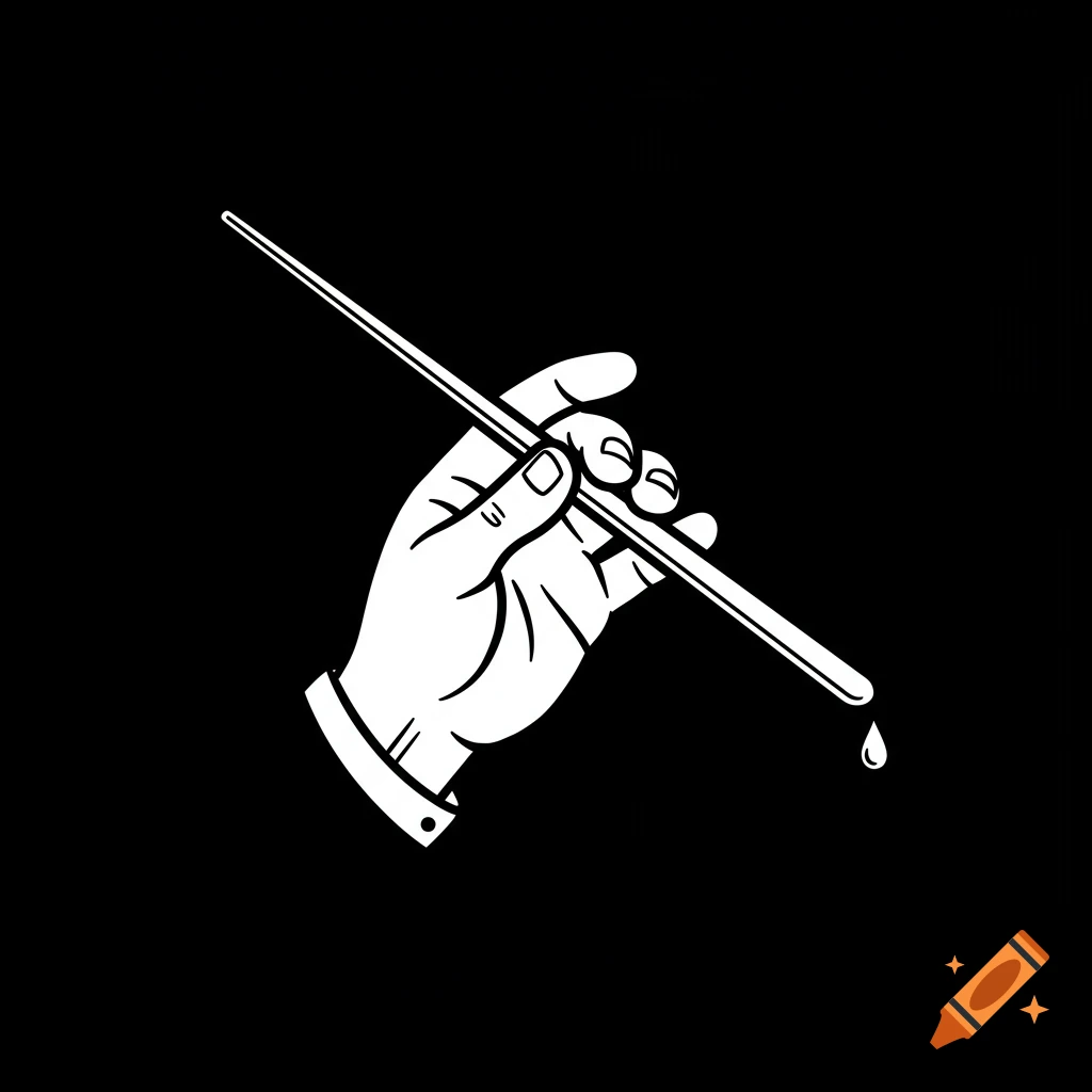 Black and white illustration of a hand holding a pipette like a conductor's baton.