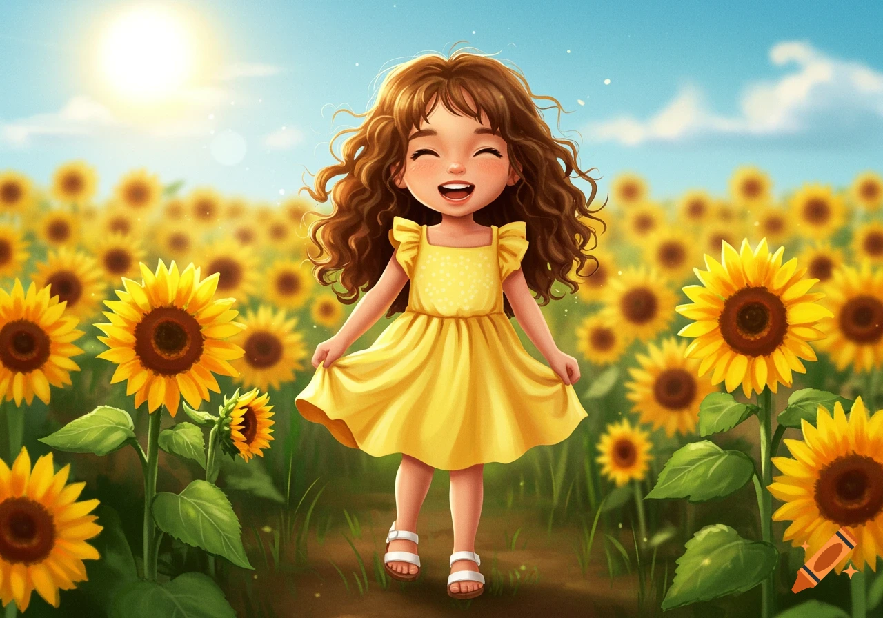 A smiling cartoon girl in a field of sunflowers