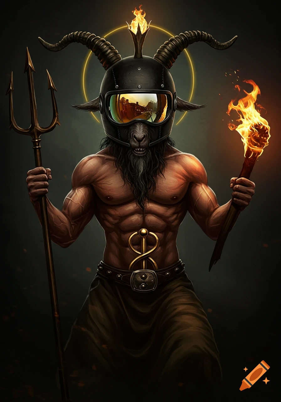 Muscular Baphomet figure wearing a motorcycle helmet, holding a trident and a torch.