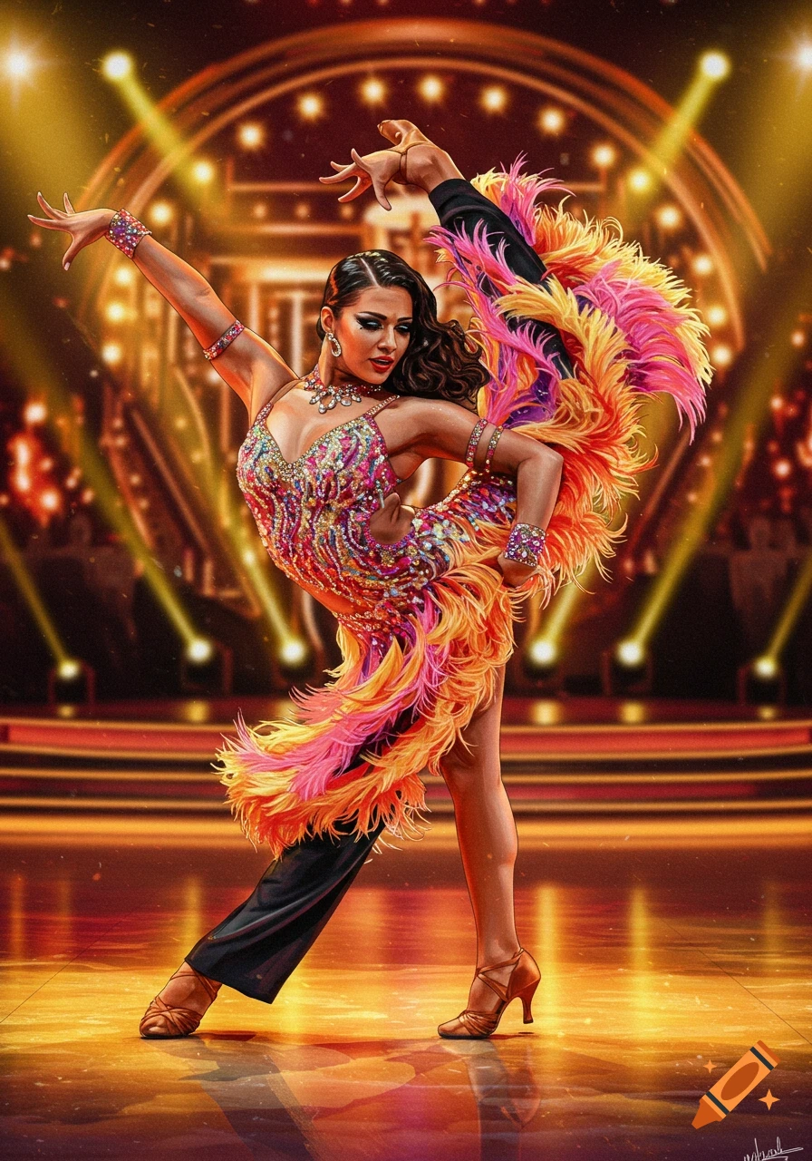 A dancer in a colorful feathered costume performs on a stage with spotlights.