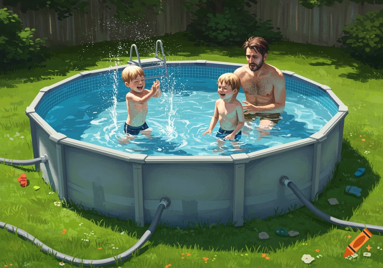 A father and two young sons play in a backyard above-ground swimming pool.