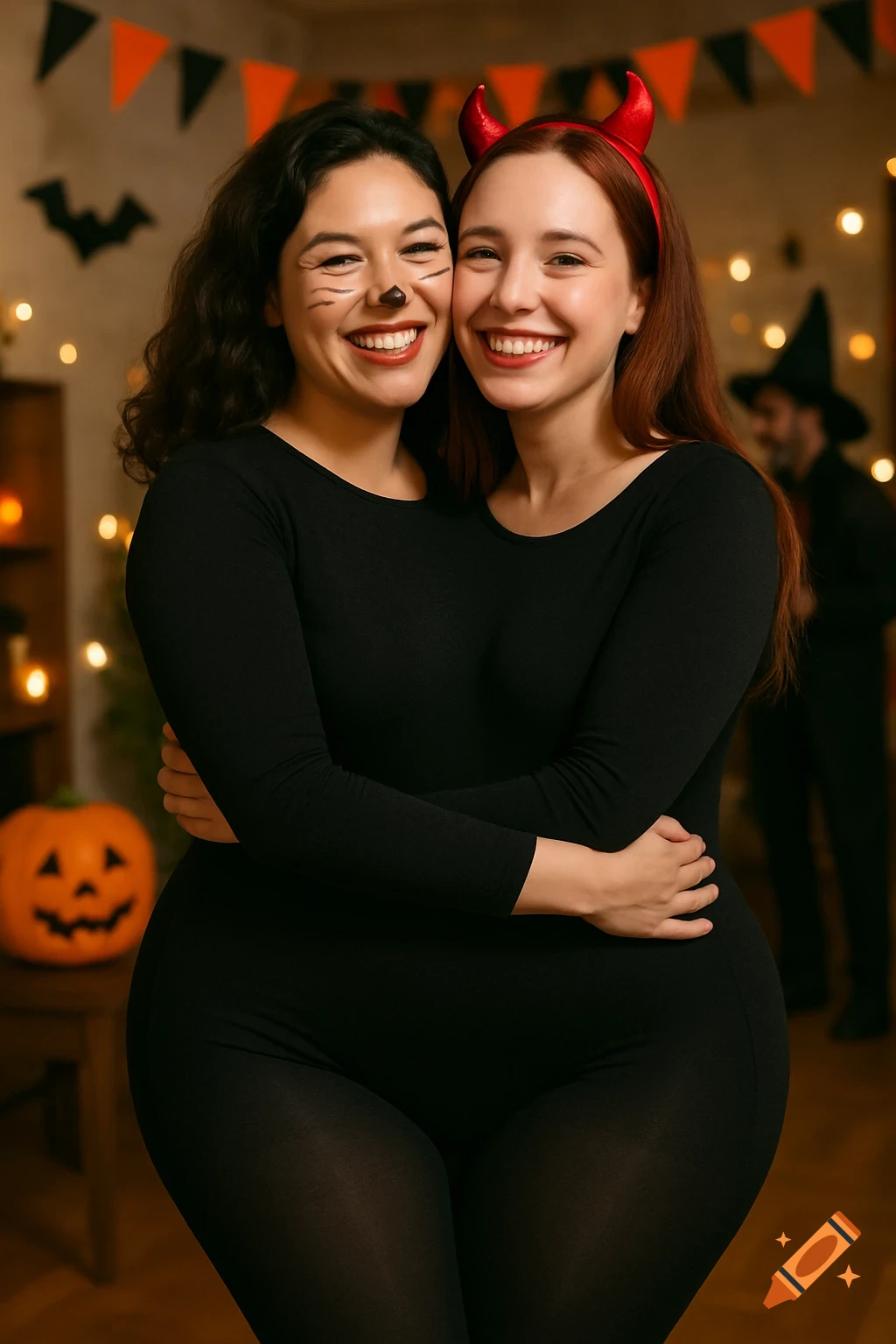 Two women in black costumes pose at a Halloween party, creating a two-headed body illusion.