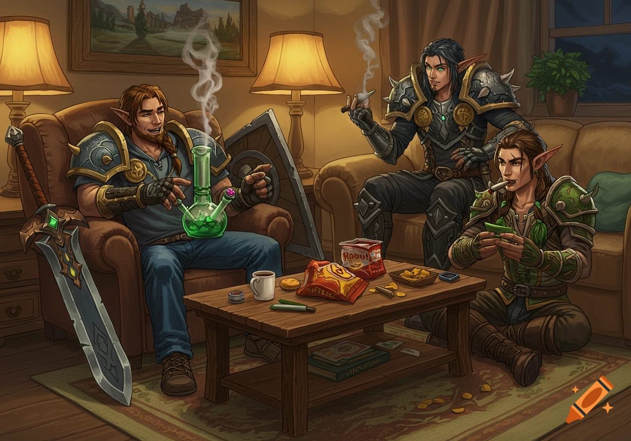 Three fantasy characters in World of Warcraft style smoking and relaxing in a living room.