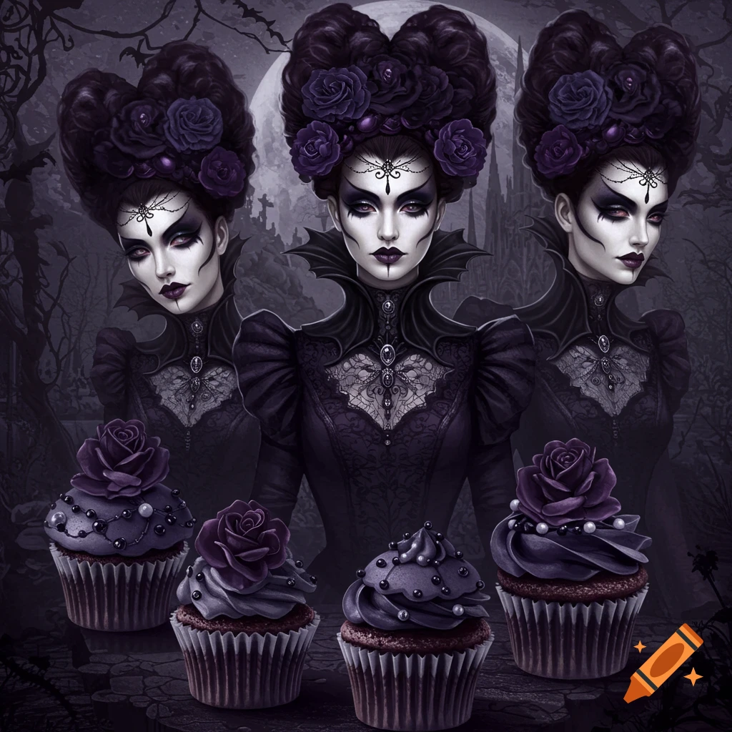 Gothic women with elaborate dark hair and makeup stand behind gothic-style cupcakes in a spooky setting.