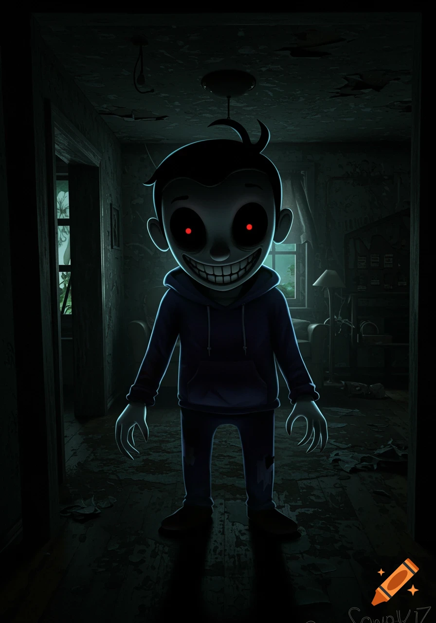 A creepy puppet figure with glowing red eyes and a wide grin stands in a dark, rundown house.