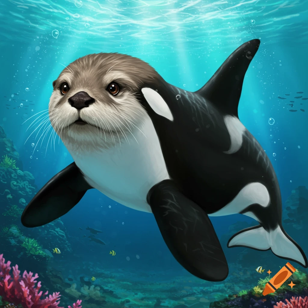 An otter-orca hybrid creature swims underwater near coral reefs.