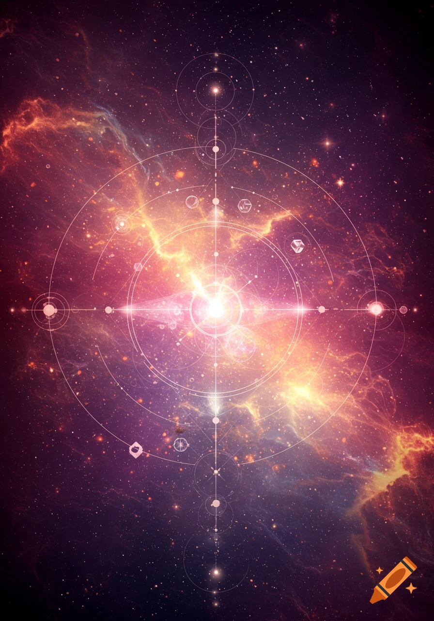 A vibrant abstract space scene with a bright nebula and intricate geometric patterns overlaid.