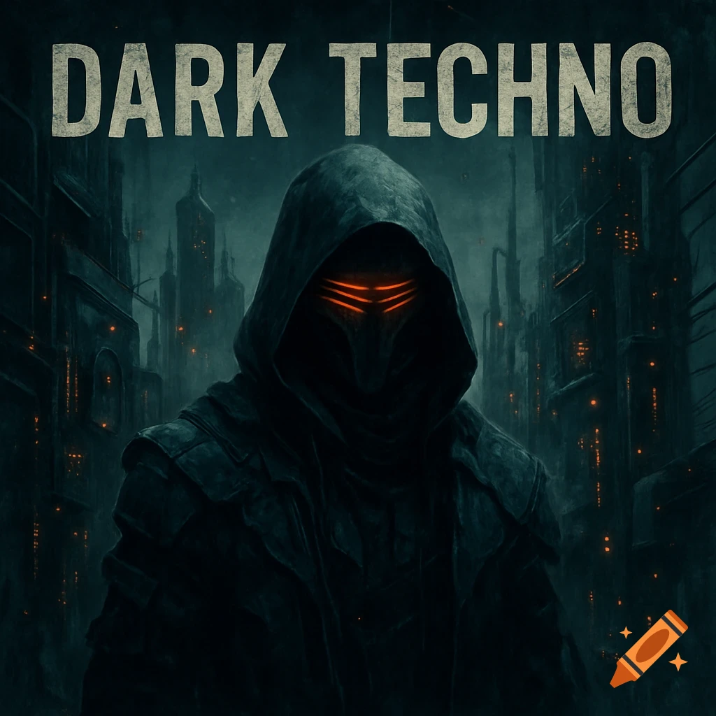 Dark futuristic album cover with hooded figure, glowing eyes, and "DARK TECHNO" text over a city.