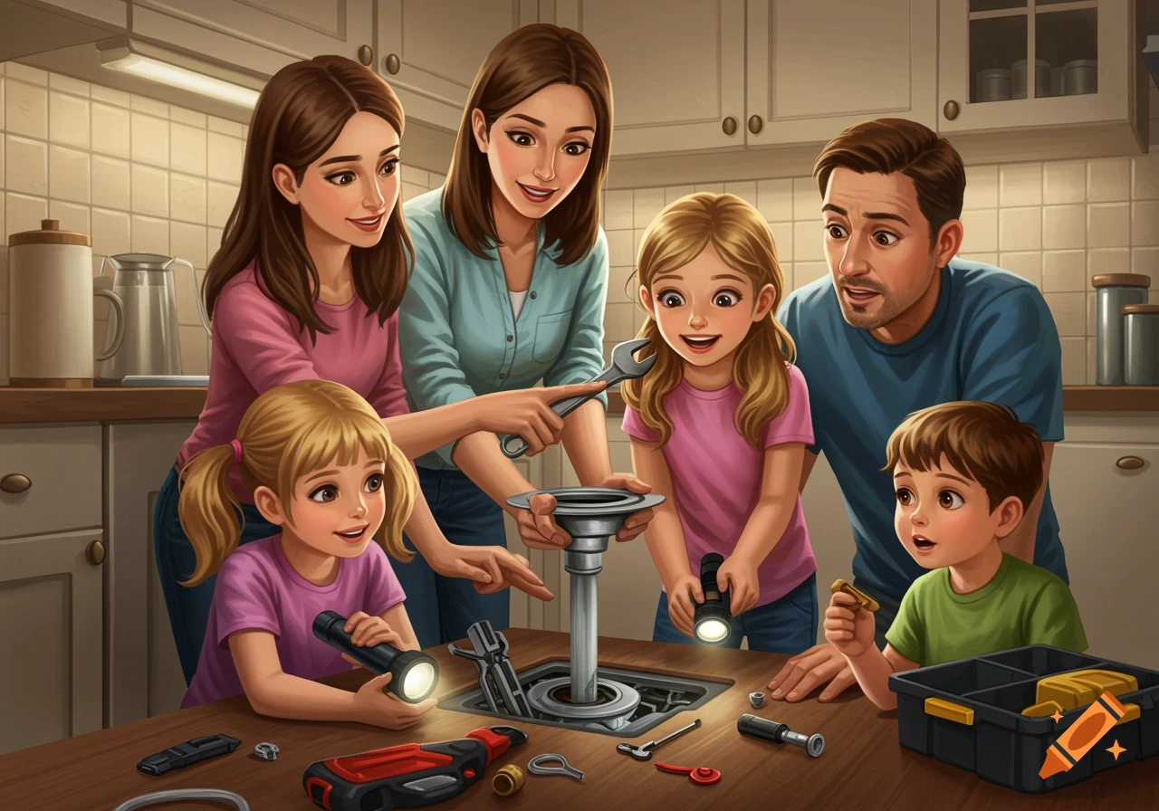Illustration of a family fixing a kitchen drain together