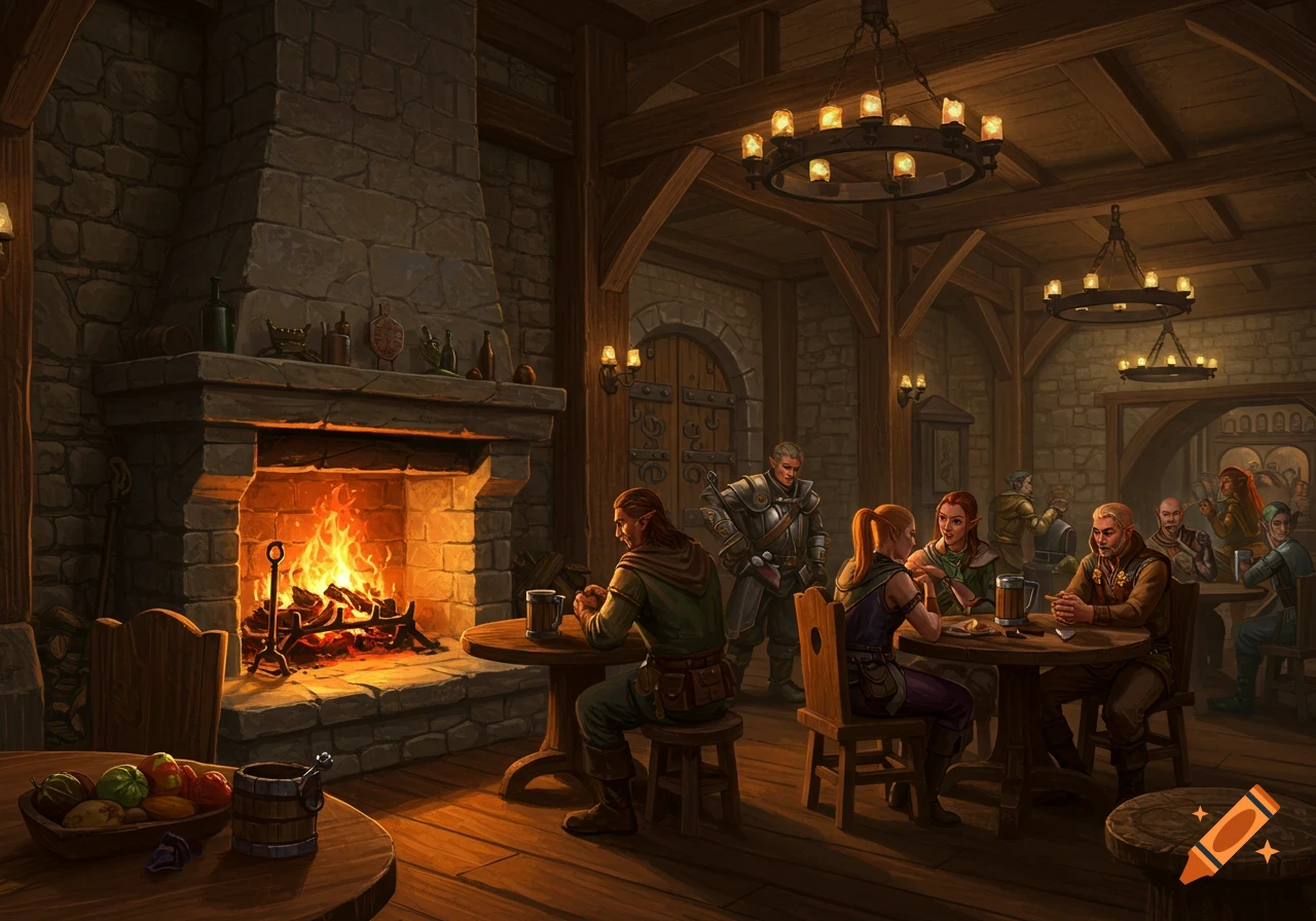 Illustration of people gathered in a cozy fantasy tavern interior with a large fireplace.