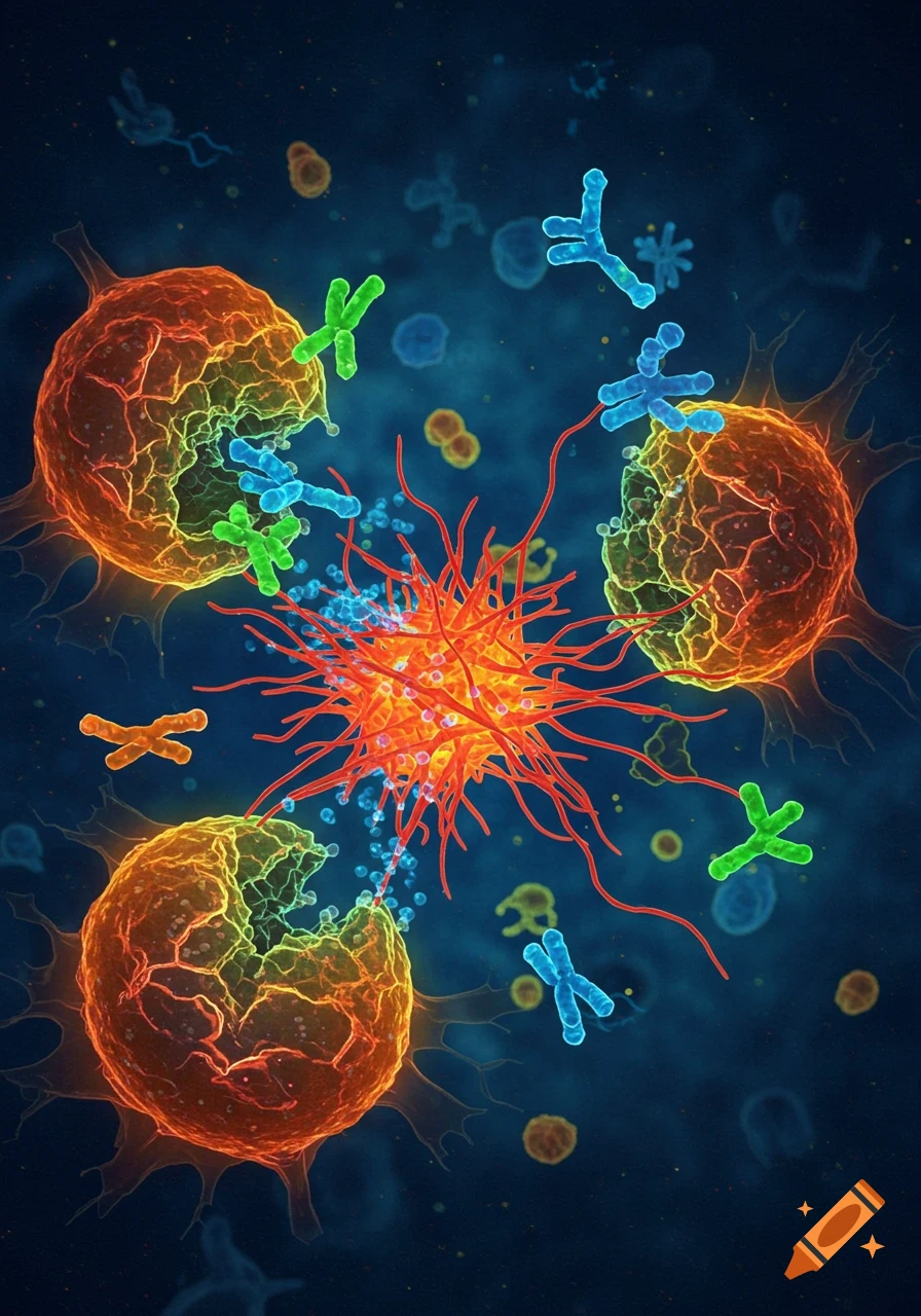 Microscopic 3D rendering of antibodies attacking cells surrounding a central red spiky entity.